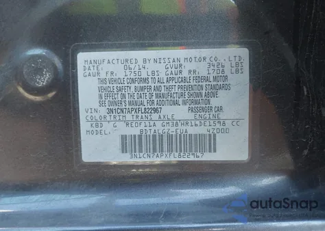 2015 Nissan Versa 1.6 Sl из США, поврежденный, VIN 3N1CN7APXFL822967